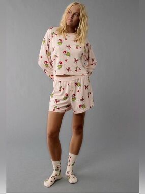 American Eagle Outfitters Pink Grinch Holiday Pajama Set